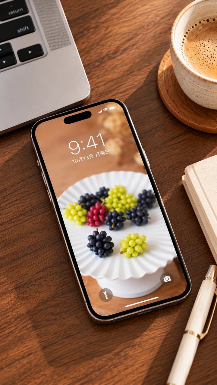 秋のミニチュアスイーツ壁紙を設定したスマホ